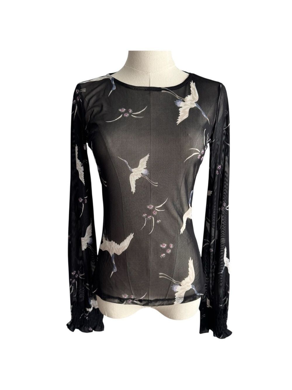 Vintage Y2K Sheer Long Sleeve Top Sz XS Black Tancho Cranes Birds Mesh Shirt EUC